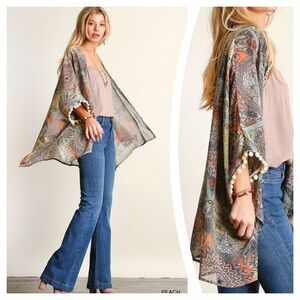 TRIBAL KIMONO WITH POM POM FRINGE
